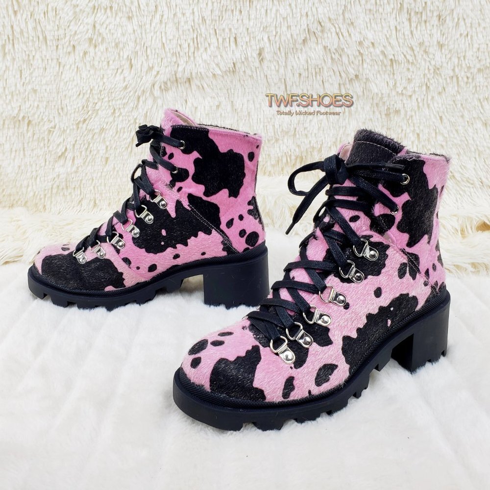 Kick Ass Baby Pink Faux Fur Cow Print Lug Sole Combat Cow Kickers Ankle boots